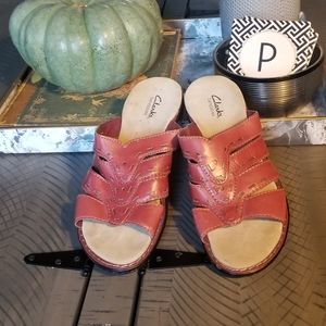 Clarks Women's Red Leather bandables wedges